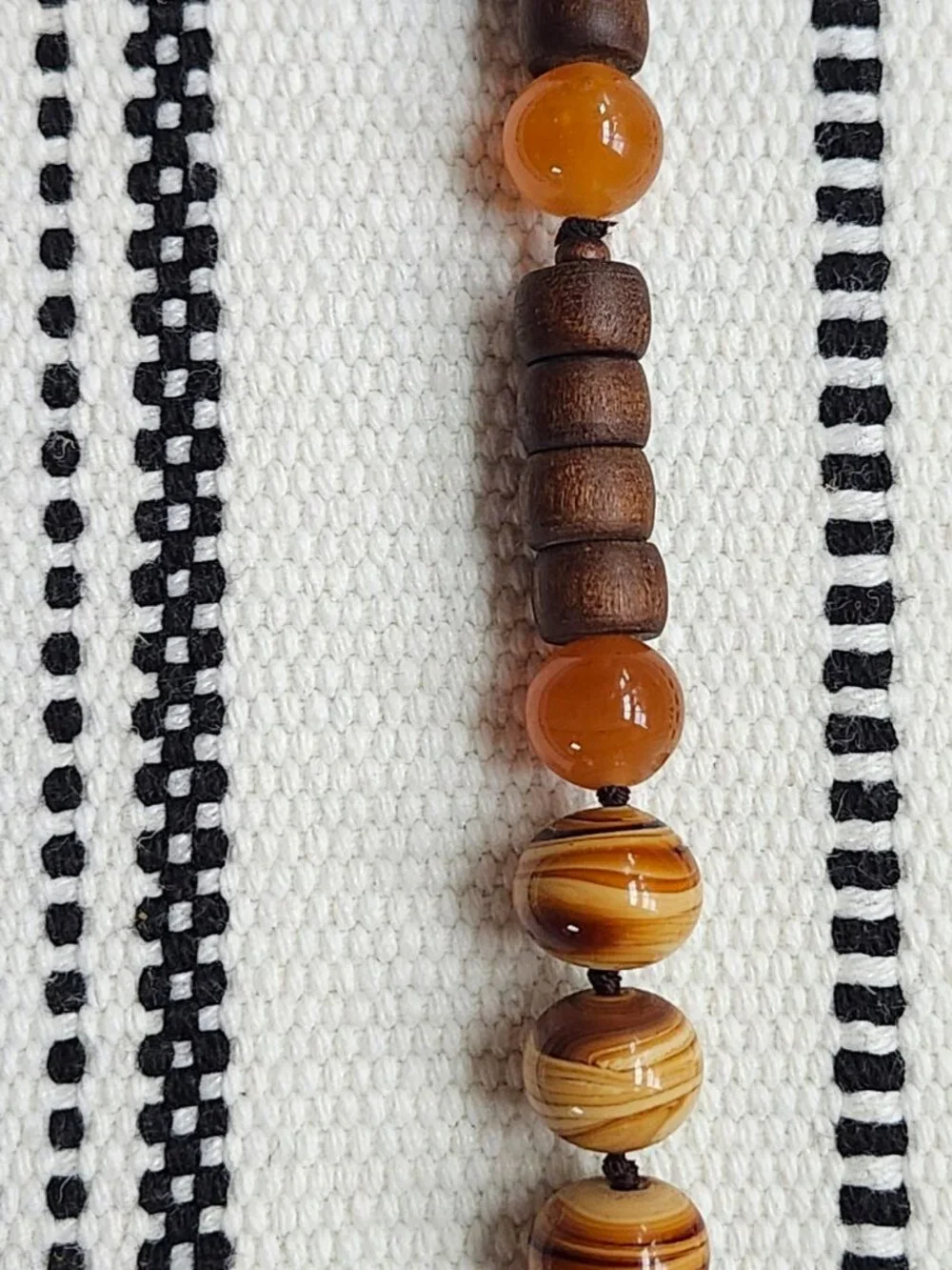 Lucky Brand Boho Beaded Necklace Wood & Stone Cross Pendant Signed